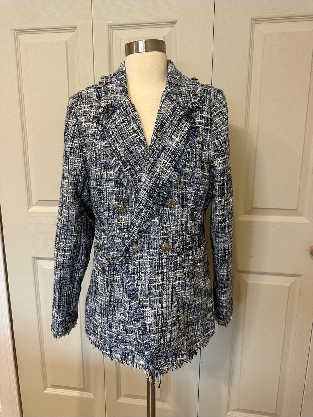 New! Ellen Tracy Navy & White Tweed Double-Breasted Blazer with Fringe size L